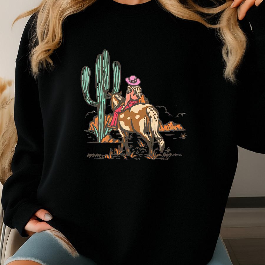 Cowgirl Desert T-shirt, Horse Riding Western Shirt, Hoodie, Sweatshirt, Long Sve, Boho Cactus Gift Skuc55 Sweatshirt