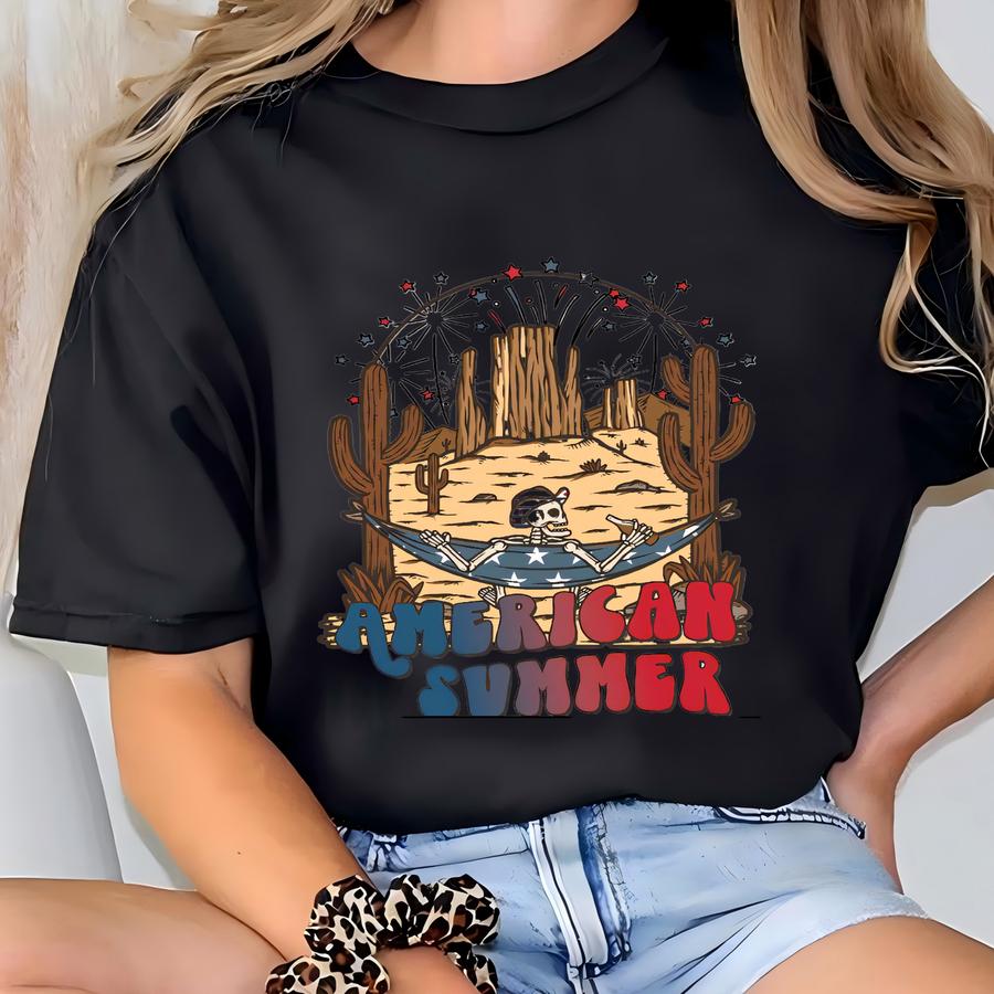 American Summer Shirt – Skeleton In Desert Hammock Hoodie Hoodie Sweatshirt Long Sve Funny Patriotic Western Fourth Of July Gift Skuc 74 T-shirt