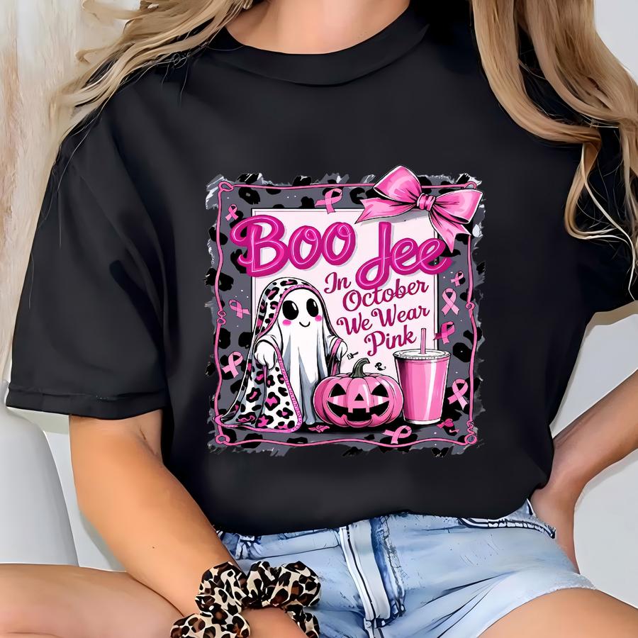 Ghost Breast Cancer Shirt, Boo Jee Ghost Pumpkin Halloween Hoodie, In October We Wear Pink, Cute Pink Ribbon Survivor Gift T-shirt