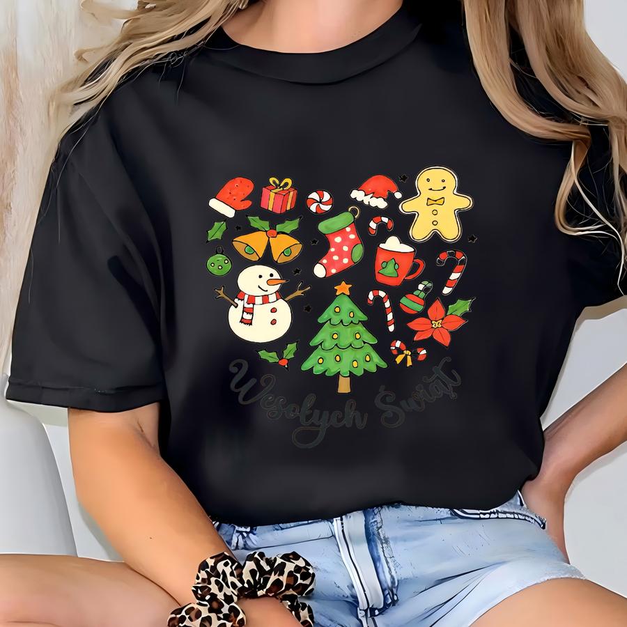Merry Christmas In Polish Shirt, Wesołych Świąt Polish Christmas Shirts, Polish Christmas Sweatshirt Women, Cute Christmas Doodle Crewneck T-shirt