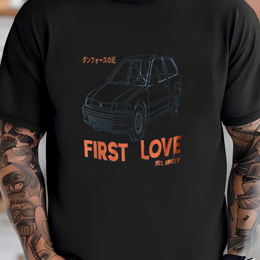 First Love Jdm Ef9 Japanese Street Style Car Shirt, Retro Honda Hatchback Tee, Offdanforth Essentials Tier T-shirt
