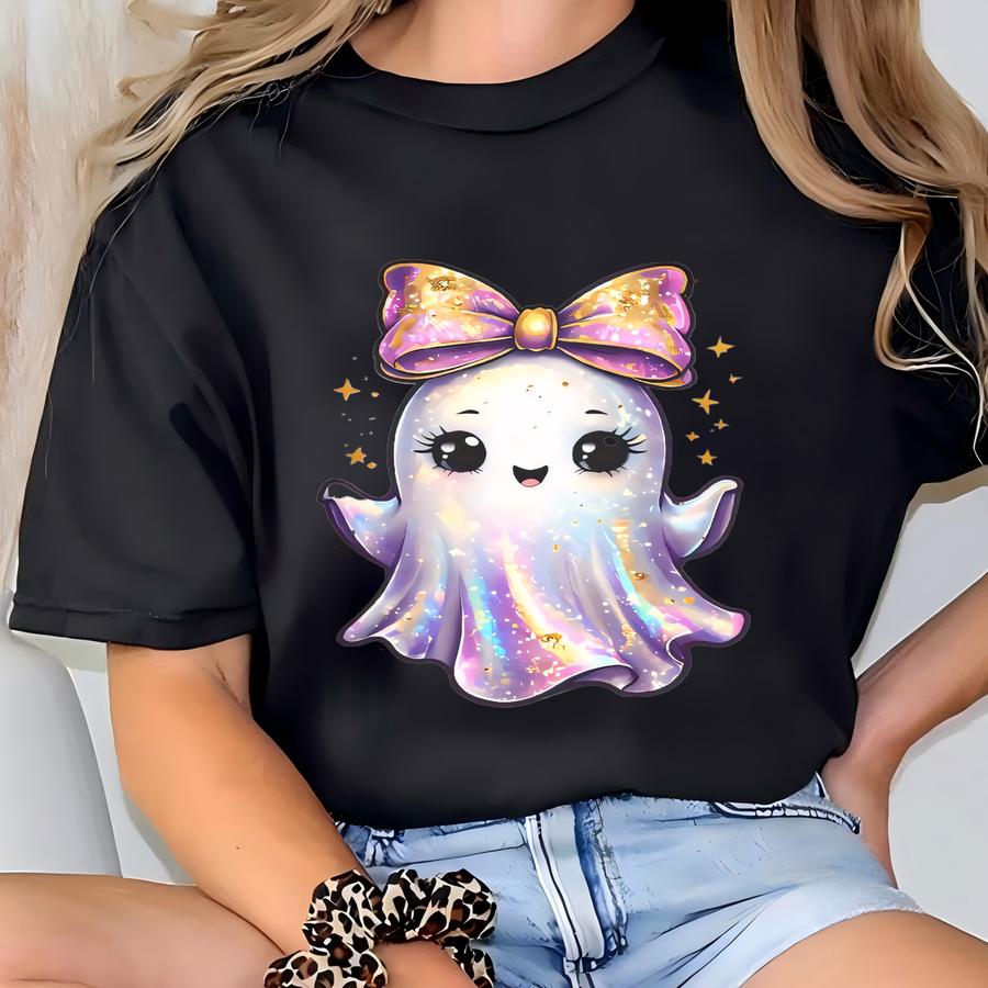 Shimmery Iridescent Ghost Png, Cute Halloween Png, Girly Ghost Halloween Png, Coquette Iridescent Halloween Png, Cute Ghost With Bow Png T-shirt