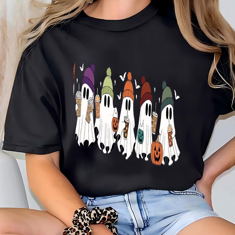 ® Halloween Ghost Coffee Shirt, Woman Halloween Tee, Halloween Coffee Tshirt, Fall Mom Gift, Cute Ghost, Halloween Friend Gift T-shirt