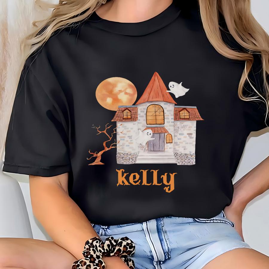 Custom Halloween Tee Girl Black Tote Spooky Castle Customized Name Gift Teen Cute Ghost Tote Personalized Cotton Canvas Kids T-shirt