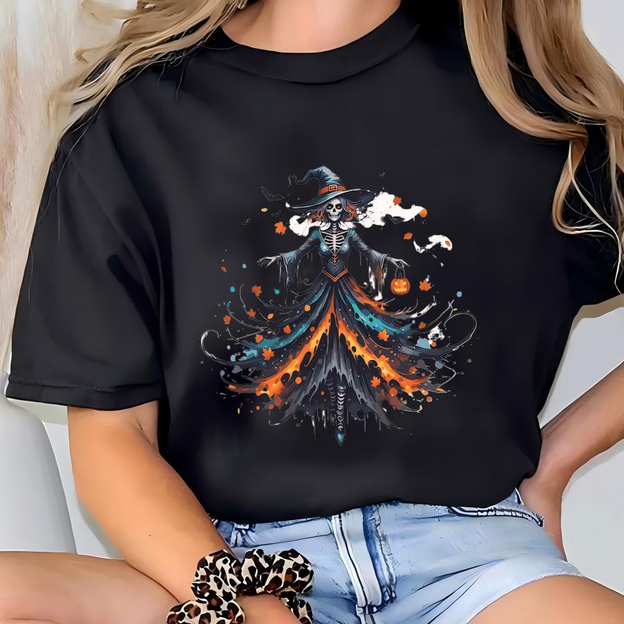 ® Watercolor Skeleton Shirt For Women, Chic Witch Shirt For Women, Colorful Women Halloween Shirt, Cute Halloween Party Tshirt T-shirt