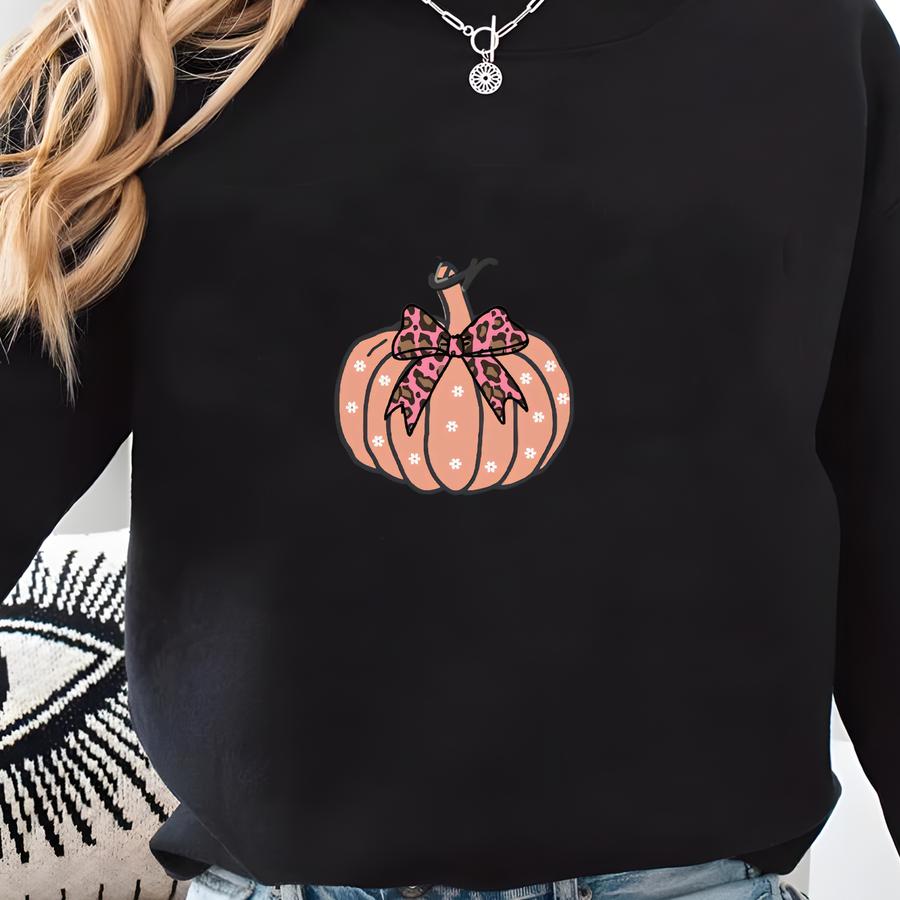 Pumpkin Bow Tee Women Gift Green Shirt ® Tee Gift For Homebody Casual Cozy Tshirt Halloween Season Home Outfit Loose Shirt Sweatshirt