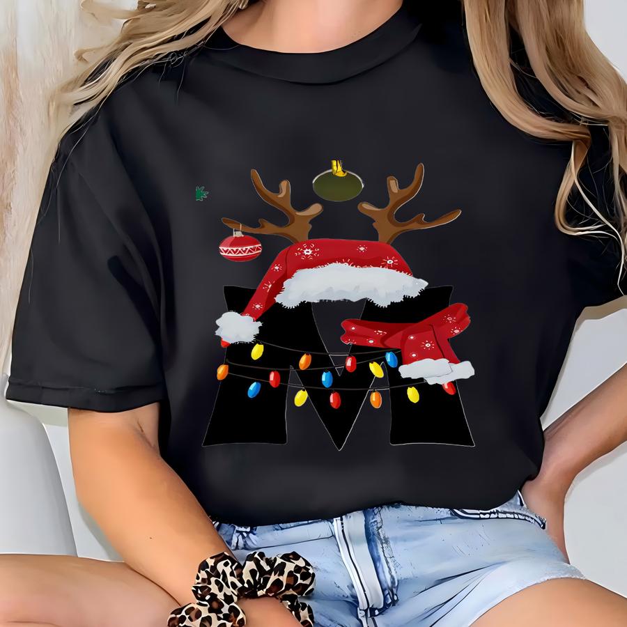 Custom Letter Ornament 2025, Personalized Initial Monogram Decoration, Family Christmas Tree Keepsake, Festive Reindeer Santa Hat Design T-shirt