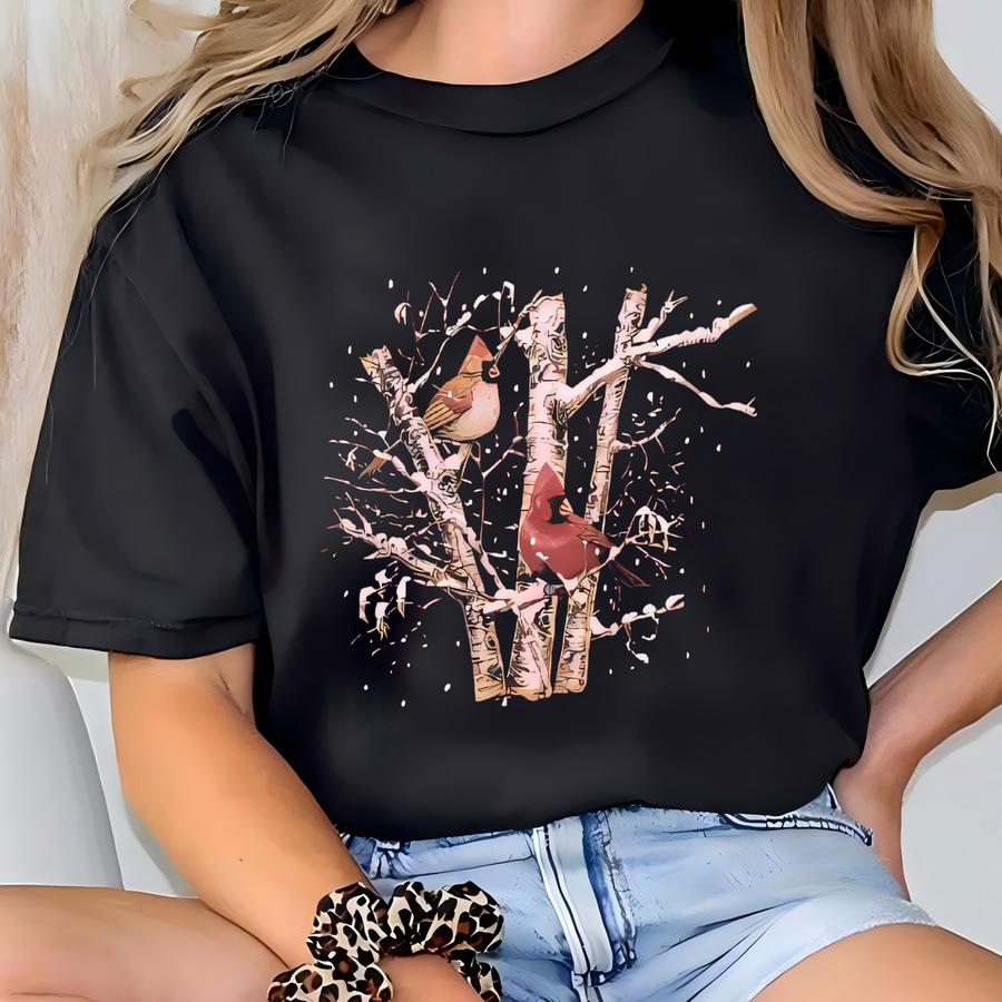 Vintage Red Cardinals Snowbirds Sweatshirt Large Aesthetic Preppy Habitat Printed Snow Jumper Winter Forest Cardinal Bird Red Crewneck L T-shirt