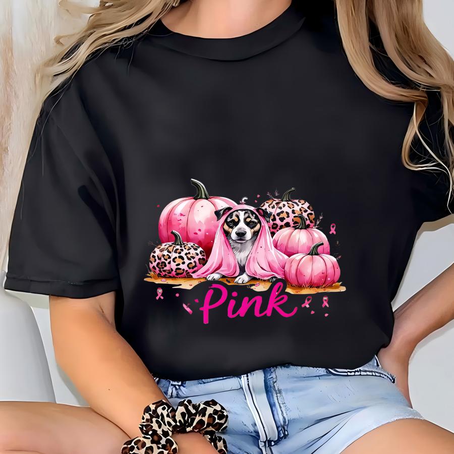 Cute In October We Wear Pink Shirt, Breast Cancer Awareness Fall Tee, Pink Pumpkins Ghost Dog Leopard Print Halloween Hoodie T-shirt