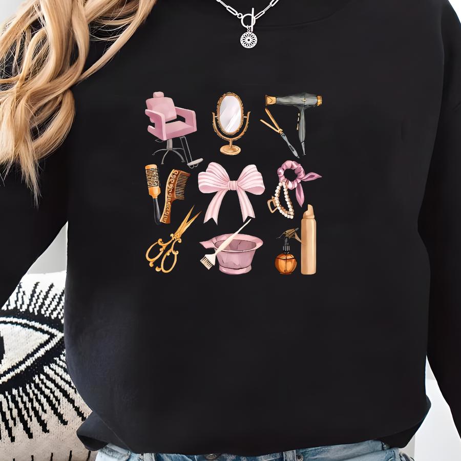 Personalized Hair Stylist Shirt, Custom Name Salon Work Tee, Cute Hairstylist Tools Shirt, Cosmetology Student Gift, Hairdresser Graphic Sweatshirt