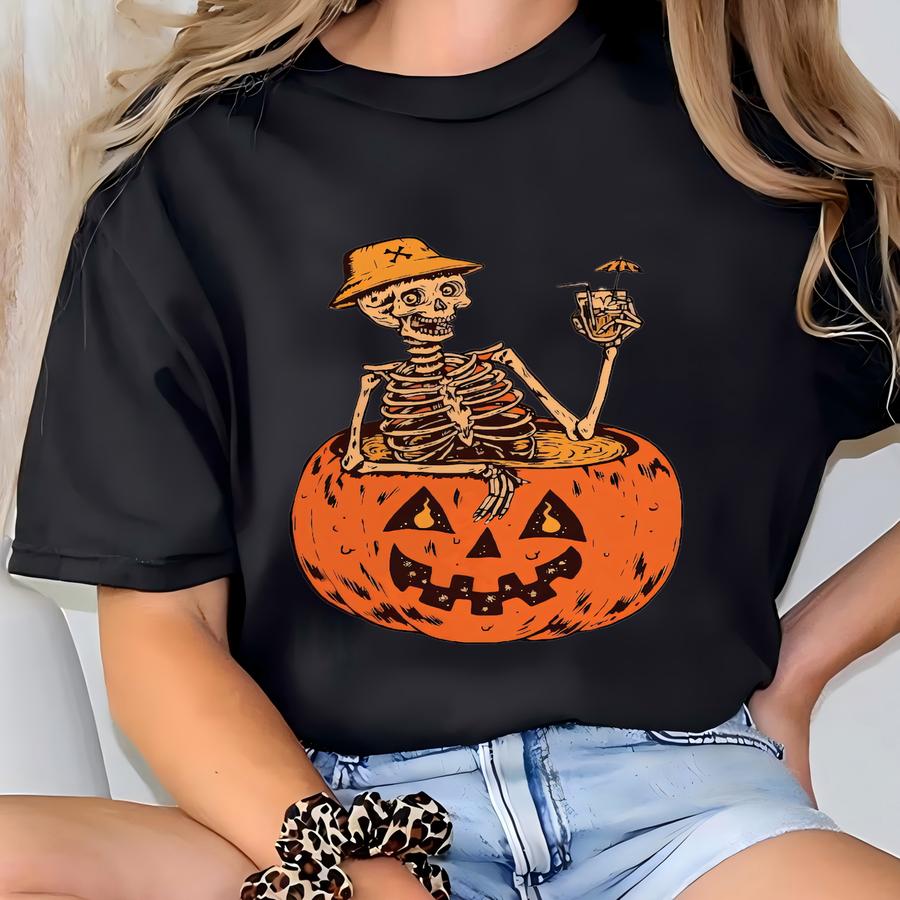 Skeleton Pumpkin Shirt, Coffee Lover Skeleton Shirt, Retro Halloween Shirt, Funny Halloween Party Tshirt, Spooky Season Skeleton Fall Shirt T-shirt