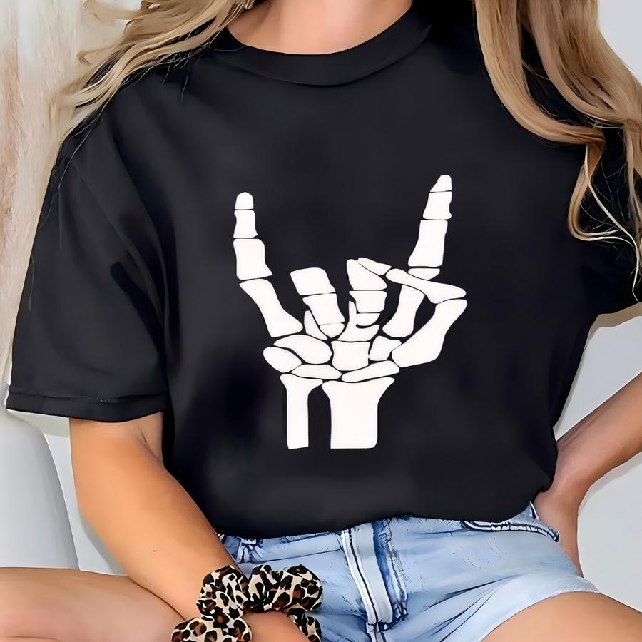 Skeleton Rock Shirt, Skeleton Shirt, Funny Skeleton, Hand Shirt, Halloween Skeleton Tshirt, Skeleton Halloween, Horror Shirt, Gift For Her T-shirt