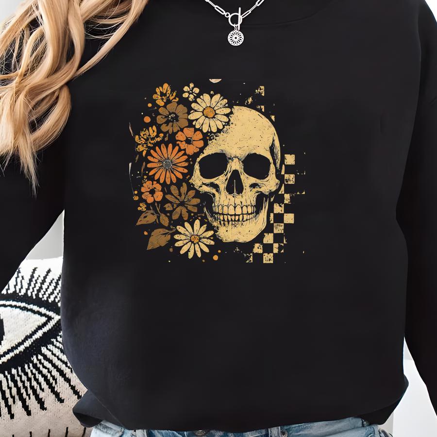 Boho Floral Skeleton Shirt,retro Skeleton Halloween Shirt, Halloween Skull Shirt, Spooky Season Shirt, Funny Halloween Shirt Sweatshirt