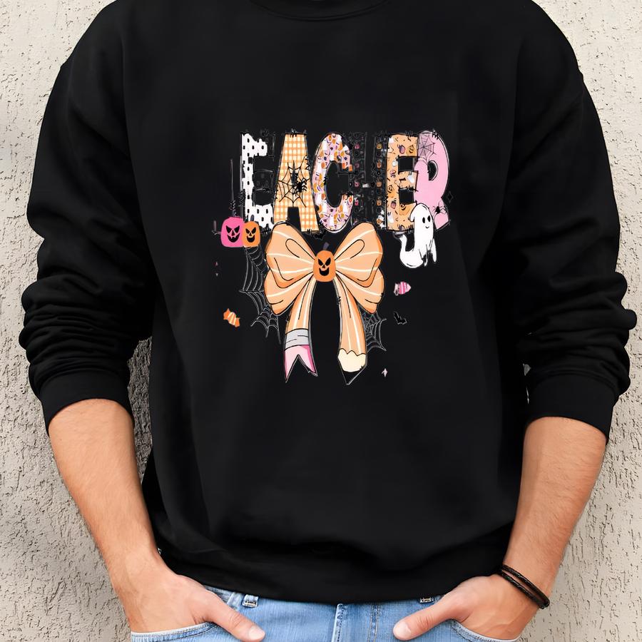 Halloween Teacher Shirt – Cute Teacher Graphic Tee With Pumpkin Bow Ghosts | Fun Halloween Teacher Outfit | Spooky Teacher Gift Shirt Sweatshirt