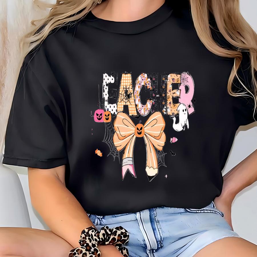 Halloween Teacher Shirt – Cute Teacher Graphic Tee With Pumpkin Bow Ghosts | Fun Halloween Teacher Outfit | Spooky Teacher Gift Shirt T-shirt