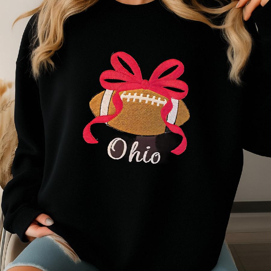 Sweatshirt- Ohio, Arkansas Or Texas, Y, Football And Red Bow, Choice Of Colors Sweatshirt