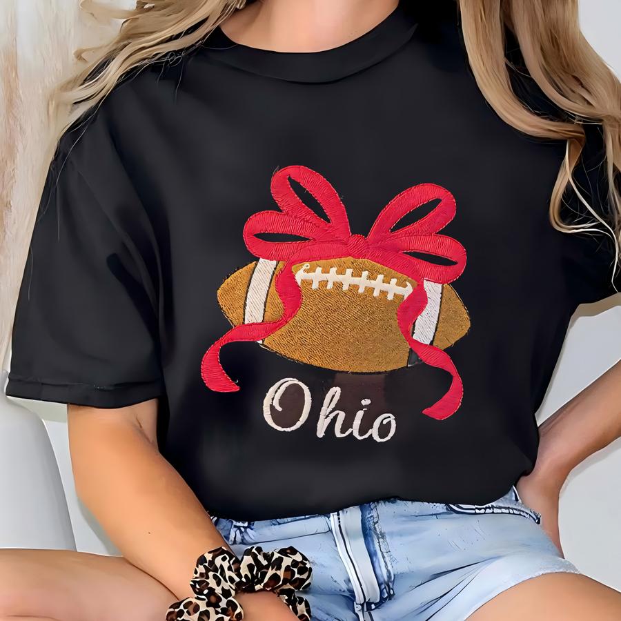 Sweatshirt- Ohio, Arkansas Or Texas, Y, Football And Red Bow, Choice Of Colors T-shirt