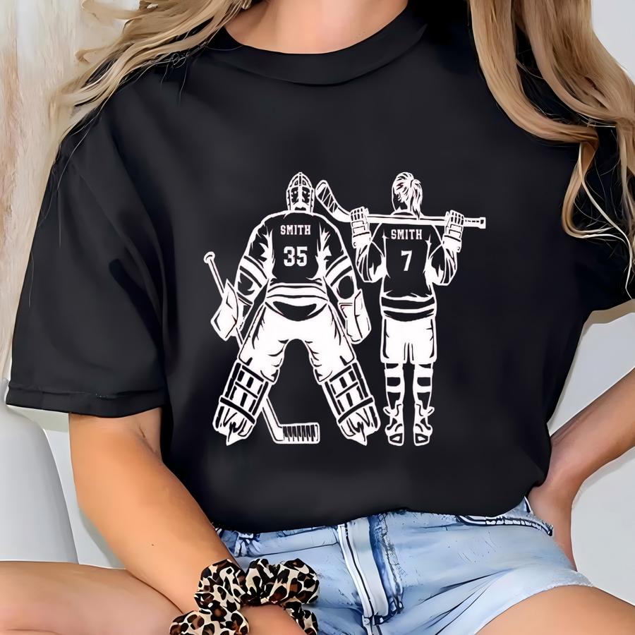 Custom 2 Player Hockey Mom Hoodie Brother Sister Hockey Sweatshirt Gameday Hockey Apparel Ice Hockey Mama Gift Hockey Goalie Skater Pullover T-shirt