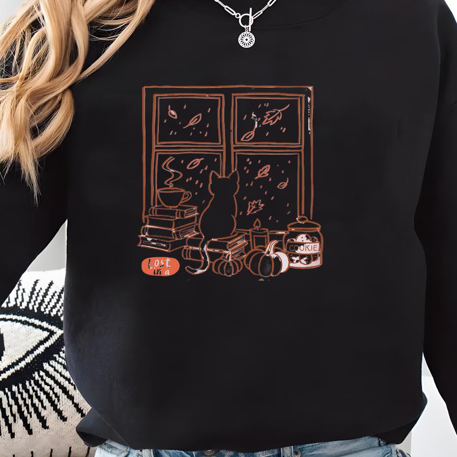 Cozy Autumn Apparel Pink Cat Lover Gift Women Cute Oversized Sweatshirt Cotton Sweater Fall Vibes Bookish Gift Idea Fall Birthday Present Sweatshirt