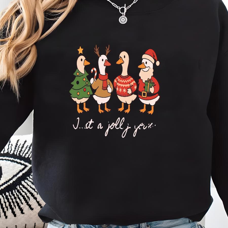 Just A Jolly Goose Christmas Sweatshirt - Funny Holiday Goose Crewneck, Cute Festive Christmas Sweater, Silly Goose Cozy Winter Pullover Sweatshirt