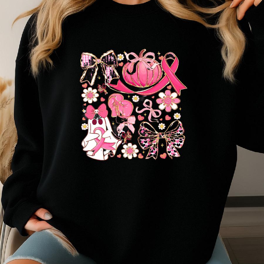 Breast Cancer Awareness Cotton Shirt: Ghost Coquette Pink Ribbon Design Sweatshirt