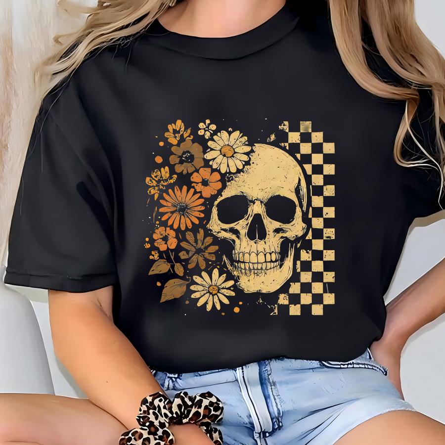 Vintage Skull Shirt With Flowers, Grunge Floral Halloween Tee, Checkerboard Skull Graphic Hoodie, Fall Skeleton Sweatshirt Aesthetic T-shirt