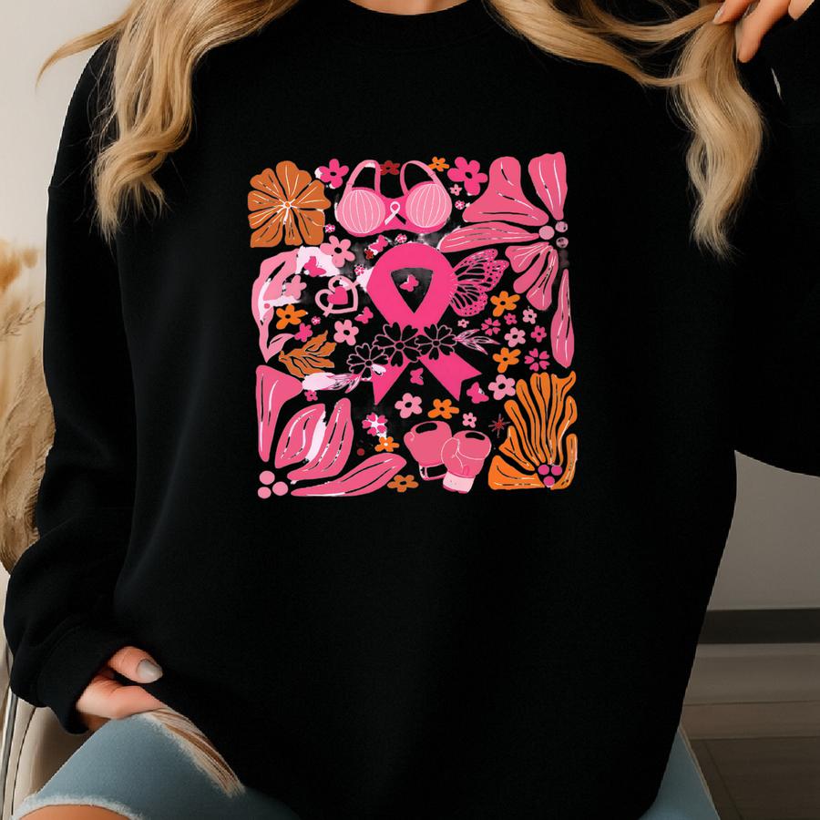 Breast Cancer Awareness Shirt: Boho Floral Ribbon, In October We Wear Pink Sweatshirt