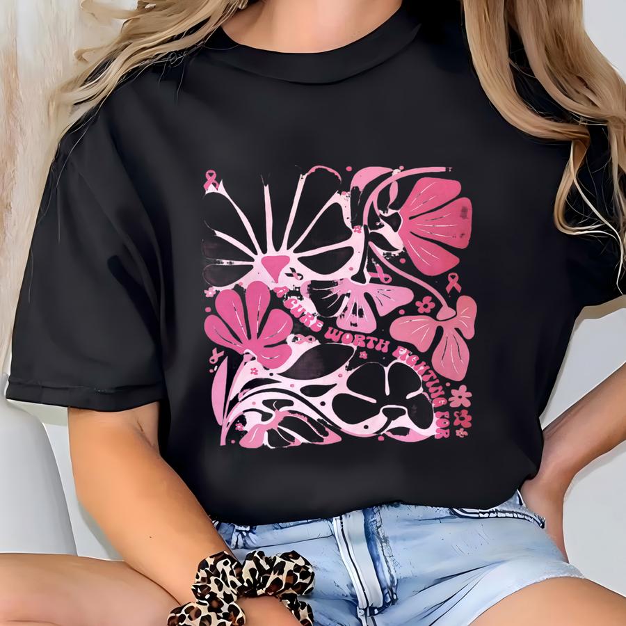 Breast Cancer Awareness Shirt: Boho Floral Pink Ribbon Tee T-shirt