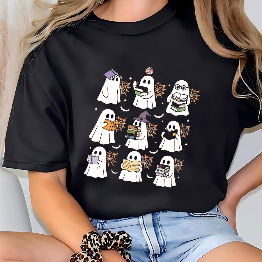Cute Ghost Reading Book Halloween Shirt, Ghost Reading Book Girly Hoodie, Ghost Girly Halloween Gift, Spooky Season, Halloween Gift T-shirt