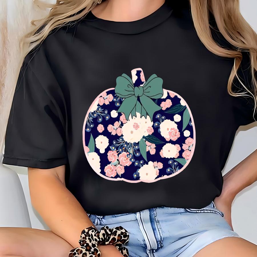 Floral “grateful” Pumpkin With Bow – Navy, Pink, Green Cream – Garment-dyed Hoodie, Thanksgiving, Fall, Pretty, Autumn T-shirt
