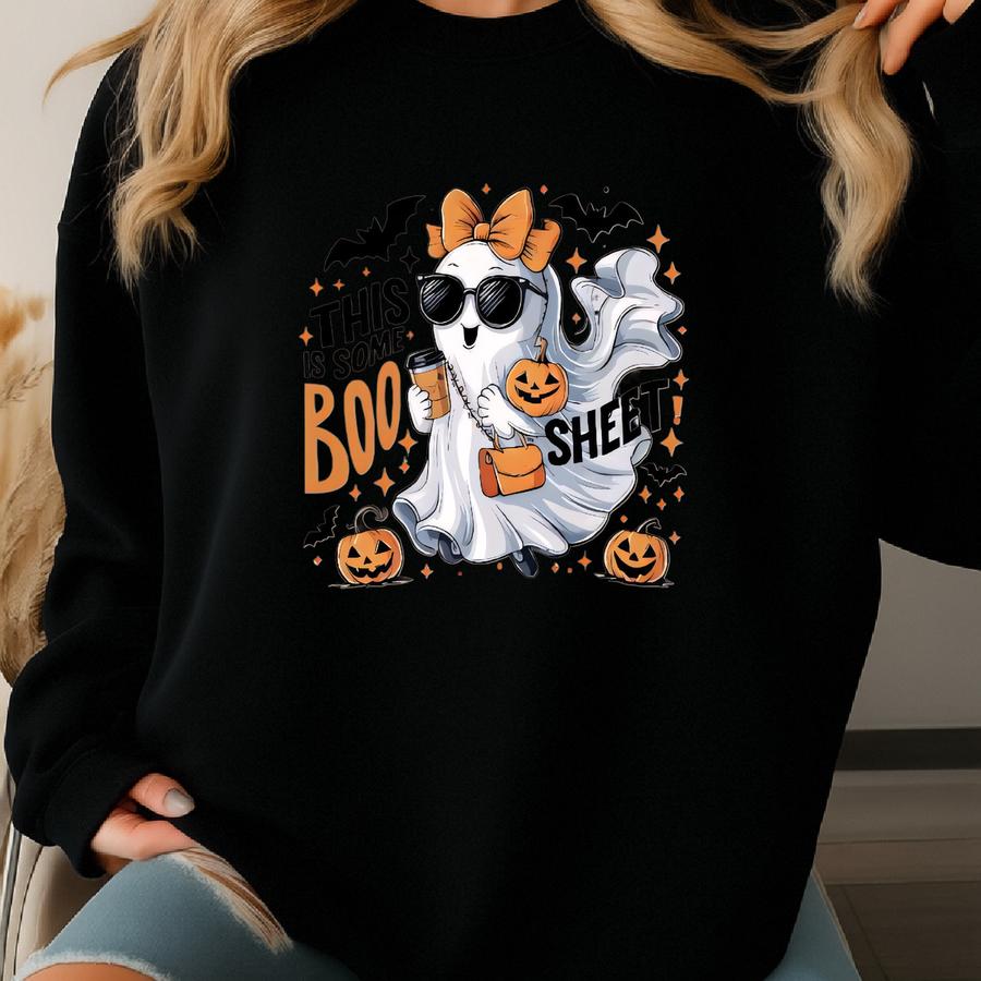 This Is Some Boo Sheet Halloween Sweatshirt, Funny Ghost Crewneck, Spooky Season Coffee Lover Pullover, Cute Fall Pumpkin Bat Outfit Sweatshirt