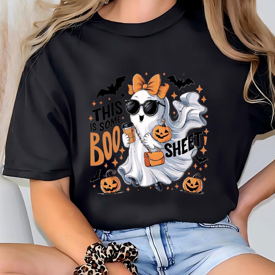 This Is Some Boo Sheet Halloween Sweatshirt, Funny Ghost Crewneck, Spooky Season Coffee Lover Pullover, Cute Fall Pumpkin Bat Outfit T-shirt