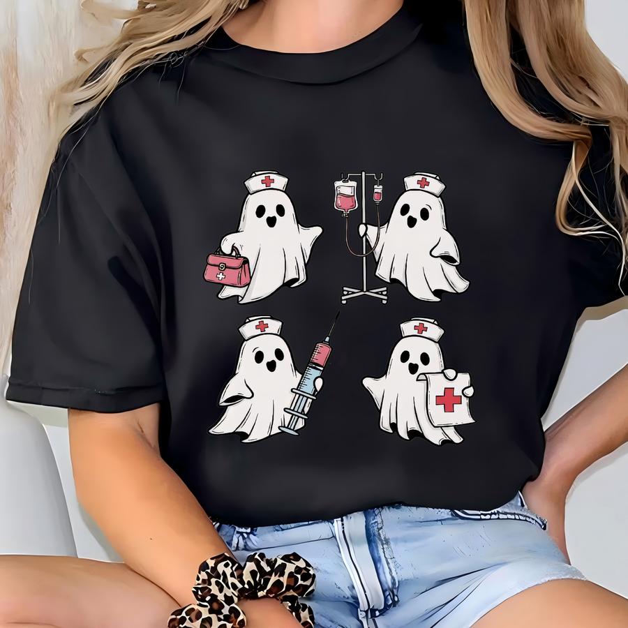 Cute Ghost Nurse Halloween Sweatshirt, Halloween Nurse Shirt, Spooky Nurse Shirt, Halloween Nurse Gift, Nurse Boo Crew Shirt, Spooky Season T-shirt