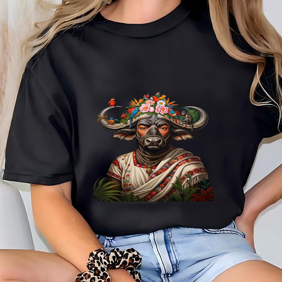 Frida Kahlo Inspired Bull/buffalo Art Print - Folk Art Animal Portrait - Jungle Core Decor - Eclectic Wall Art - 24x36 Rolled Poster T-shirt