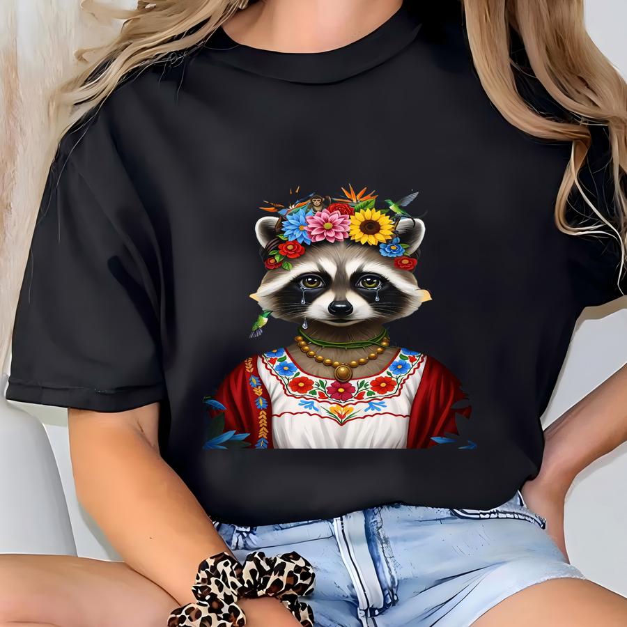 Frida Kahlo Inspired Raccoon Art Print - Emotional Animal Portrait Poster - Mexican Folk Art Wall Decor - Unique 24x36 Rolled Print T-shirt