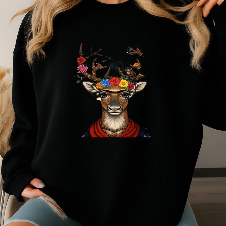Frida Kahlo Inspired Deer Art Print: Surreal Animal Portrait, 24x36 Rolled Poster Sweatshirt