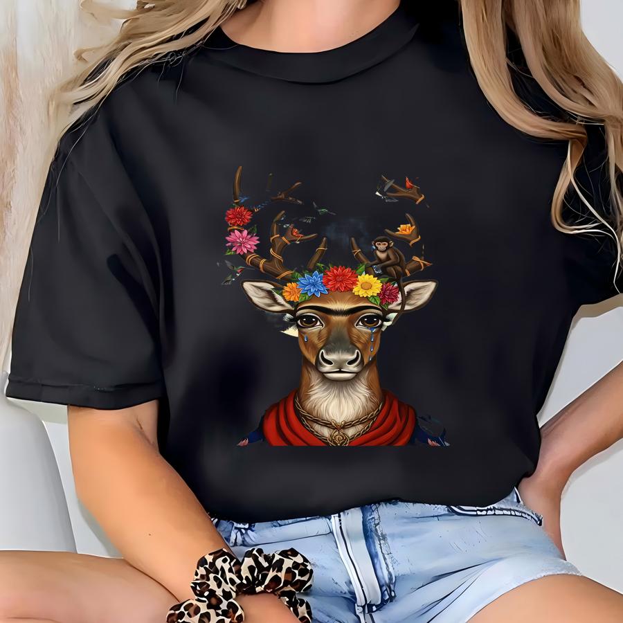 Frida Kahlo Inspired Deer Art Print: Surreal Animal Portrait, 24x36 Rolled Poster T-shirt
