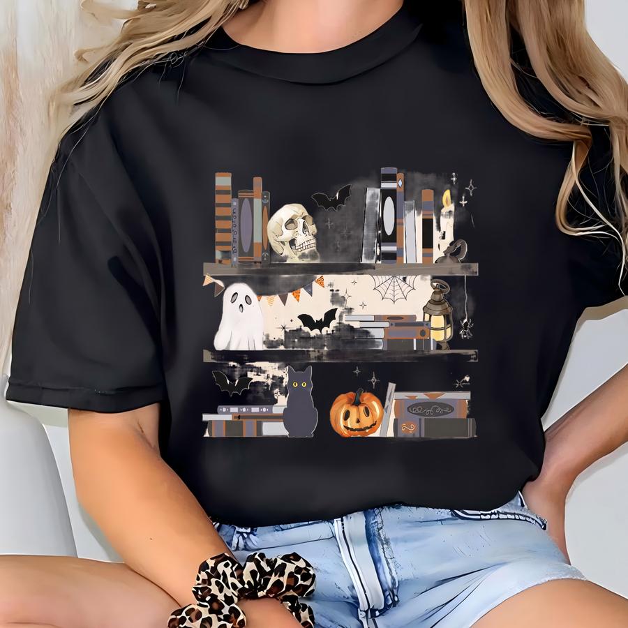 Halloween Bookshelf Shirt For Teacher Fall Sweatshirt Cozy Halloween Reading Tshirt Gift For Book Lover Vintage Style Halloween Tee Spooky T-shirt