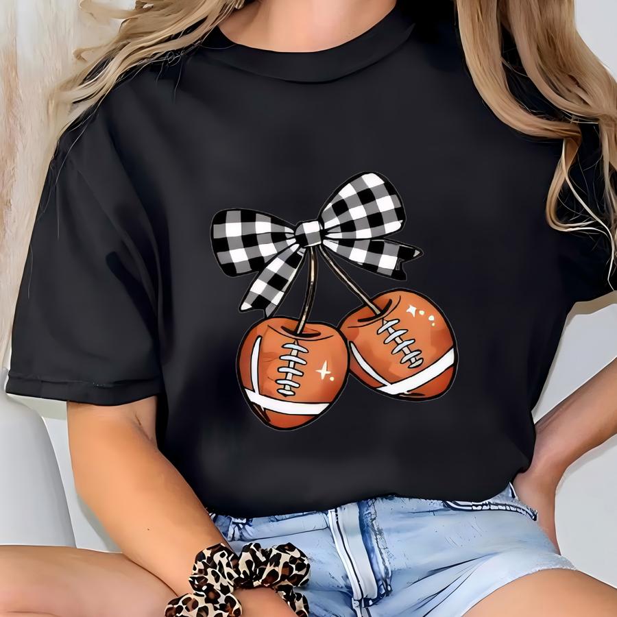 Coquette Cute Football Shirt For Women, Bow And Cherry Football Tee, ® Game Day Outfit With Bow Football Lover Gift Tee,tsf148 T-shirt