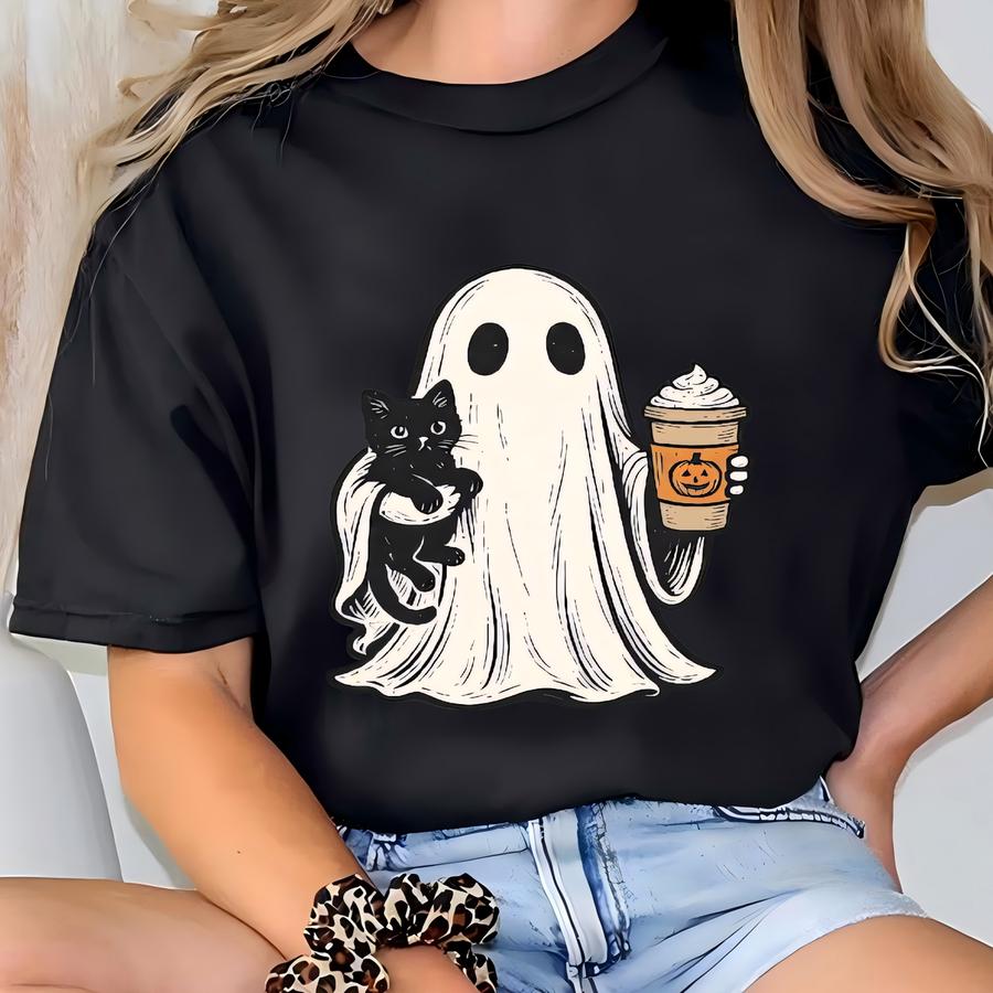 Ghost Holding Black Cat Sweatshirt, Ghost Cat Halloween Hoodie, Halloween Gift For Cat Owners, Halloween Cat Tee, Black Cat Outfit, Fall Tee T-shirt