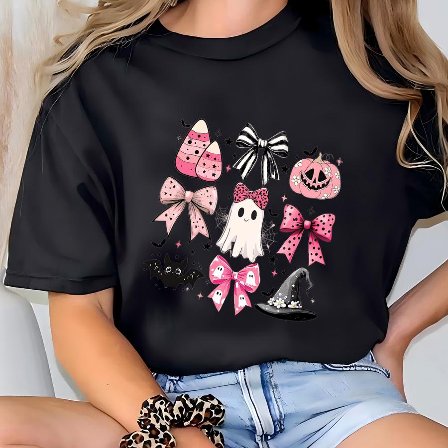Halloween Pink Bow Coquette Shirt Pumpkin Ghost Women Tee Fall Spooky Season Halloween Costume Retro Witch Hat Ghost Fall Tee T-shirt