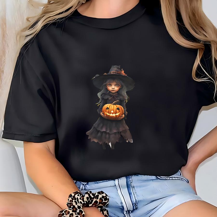 Ringer Hoodie, Retro Style Ringer Shirt, Halloween Tee, Creepy Little Girl, Spooky Witch T-shirt