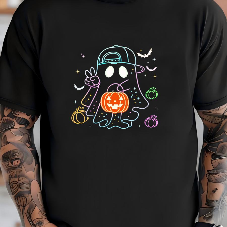 Custom Halloween Ghost Boy Shirt, Spooky Season Family Matching Sweatshirt, Glow In The Dark Halloween Tee, Cute Neon Dad Girl Ghost Hoodie T-shirt