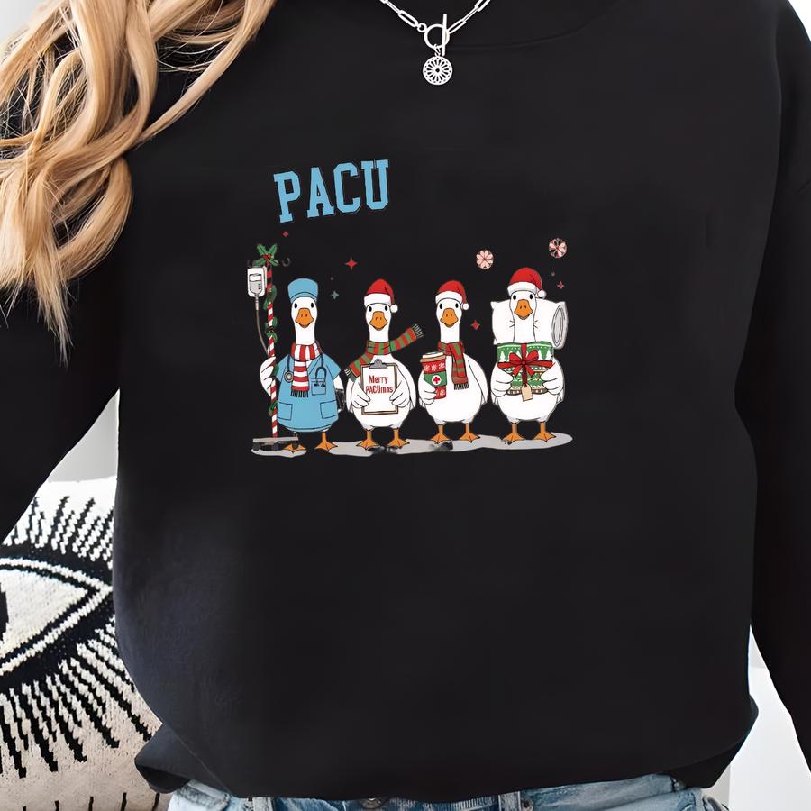 Funny Pacu Christmas Shirt, Goose Nurse Sweatshirt, Pacu Crew Holiday Tee, Funny Recovery Room Shirt, Pacu Nurse Gift, Healthcare Humor Crew Sweatshirt