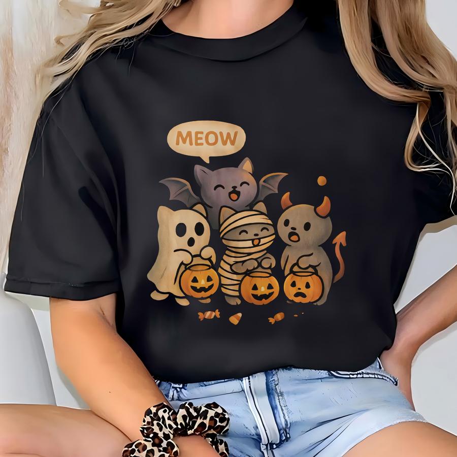 Cute Halloween Cat Ghost Shirt | Kawaii Trick Or Treat Tee | Adult Youth Sizes T-shirt