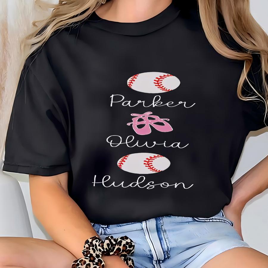 Dance And Baseball Mom Shirt Personalized Mama Tee Custom Kids Name Shirt Gift For Baseball And Dance Mom T-shirt