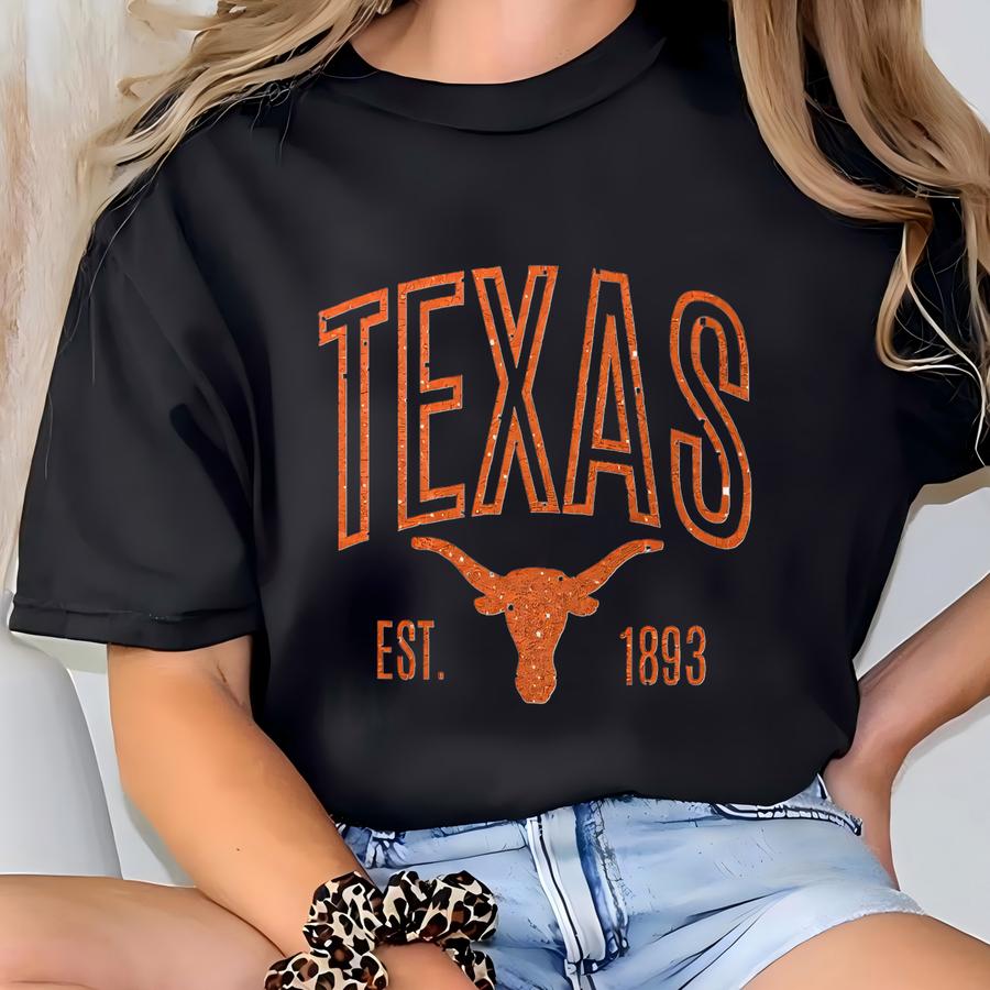 Texas ® Shirt, Vintage Glitter Effect Texas Tee, Burnt Orange Game Day Shirt, Longhorn Aesthetic Gift, Texas Football Hoodie. T-shirt