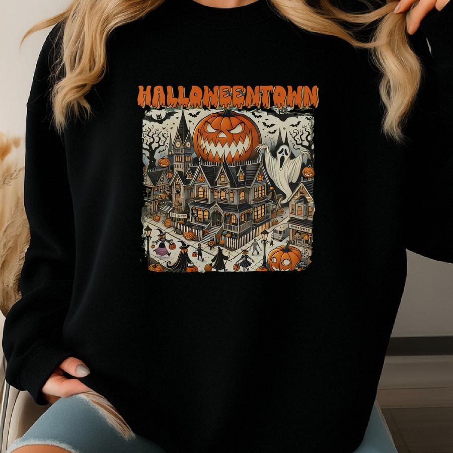 Sweatshirt, Vintage Haunted House Ghost Pumpkin Crewneck, Spooky Season Halloween Pullover, Retro Horror Fall Outfit Sweatshirt