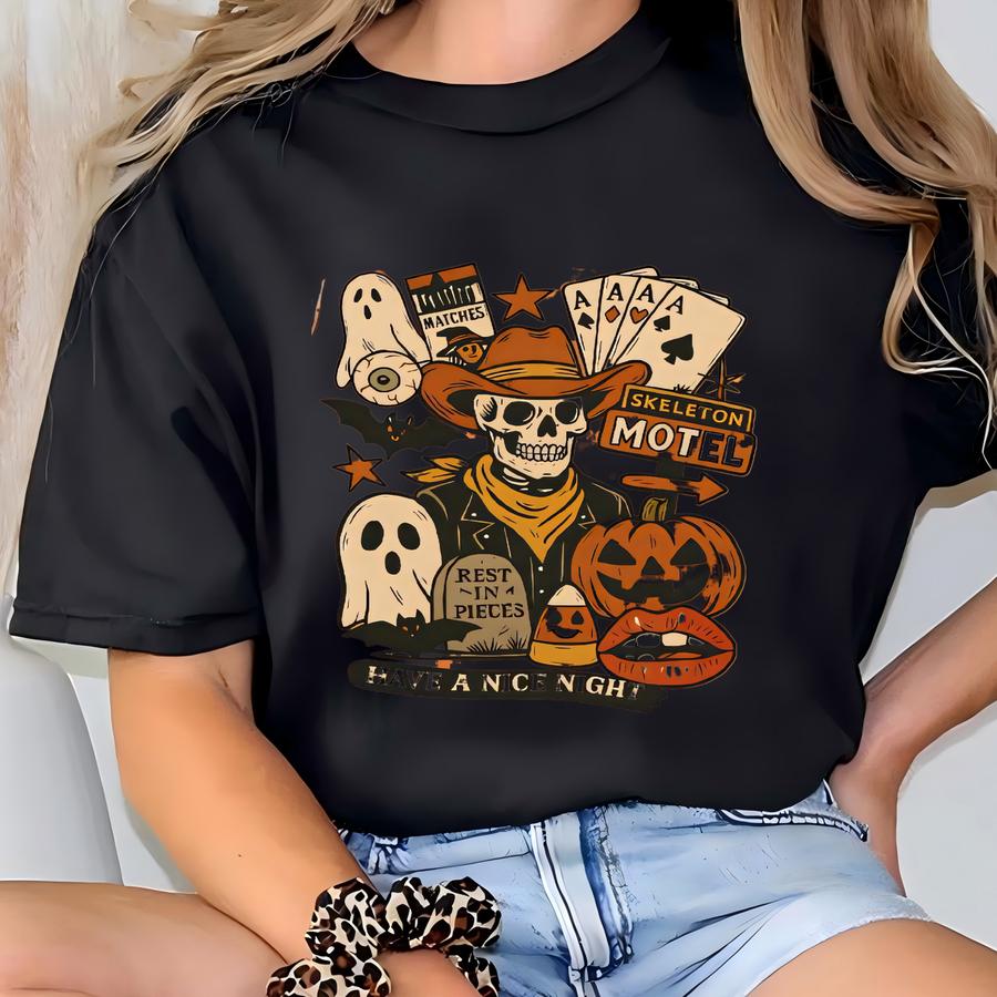Cowboy Skeleton Halloween Sweatshirt | Retro Spooky Ghost Pumpkin Motel Graphic Pullover | Creepy Fall Sweater | Have A Nice Night Tee T-shirt