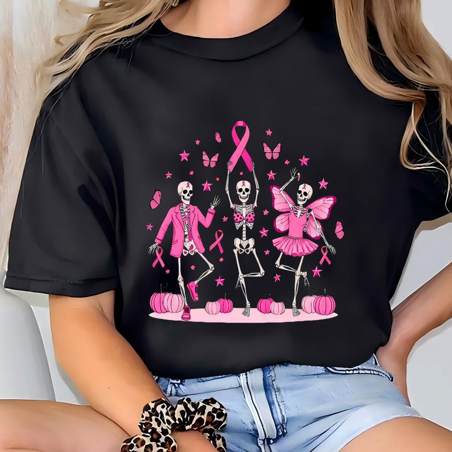 Breast Cancer Awareness Sweatshirt | In October We Wear Pink Skeleton Crewneck | Support Ribbon Pullover | Cute Spooky Fall Sweater T-shirt